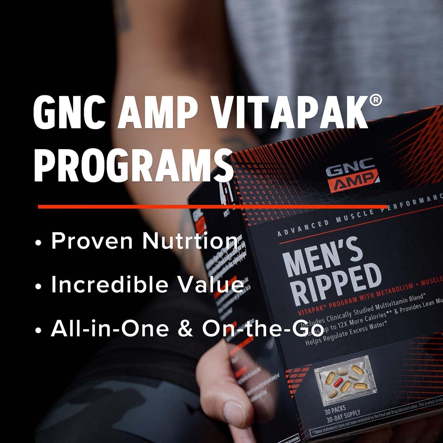 imageGNC AMP Mens Ripped Vitapak Program 4 in 1 Product Vitamin Pack Metabolism amp Lean Muscle Tone Burn Calories Water Shedding Adult Multivitamin Caffeine CLA Proven Ingredients 30Day SupplyOld Version