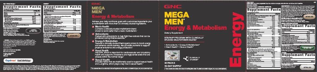 imageGNC Mega Men Energy and Metabolism Vitapak Program Convenient Complete Nutrition 5 Products in 1 Packet Calorie Burn Thermogenic 300mg Caffeine 30 Daily Packs