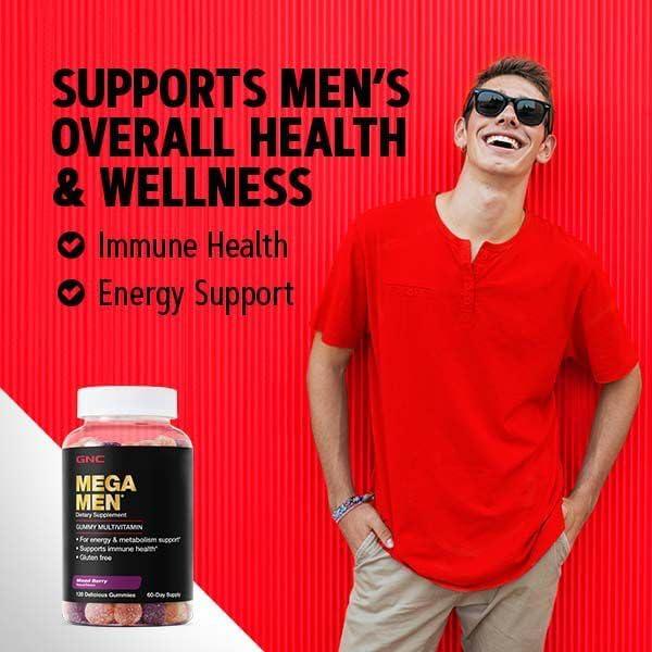 imageGNC Mega Men Multivitamin Gummy Energy Metabolism amp Immune Support Mixed Berry 120 Count120 Count Pack of 1