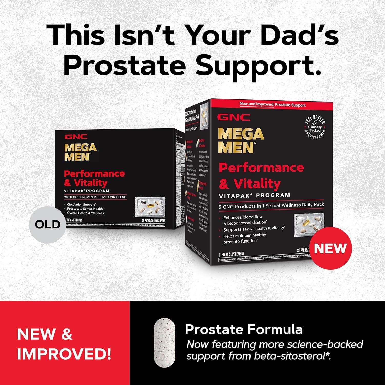 imageGNC Mega Men Performance and Vitality Vitapak Program Convenient Complete Nutrition 5 Products in 1 Packet Circulation Blood Flow Prostate Health Stronger Drive 30 PacksNew Improved Formula