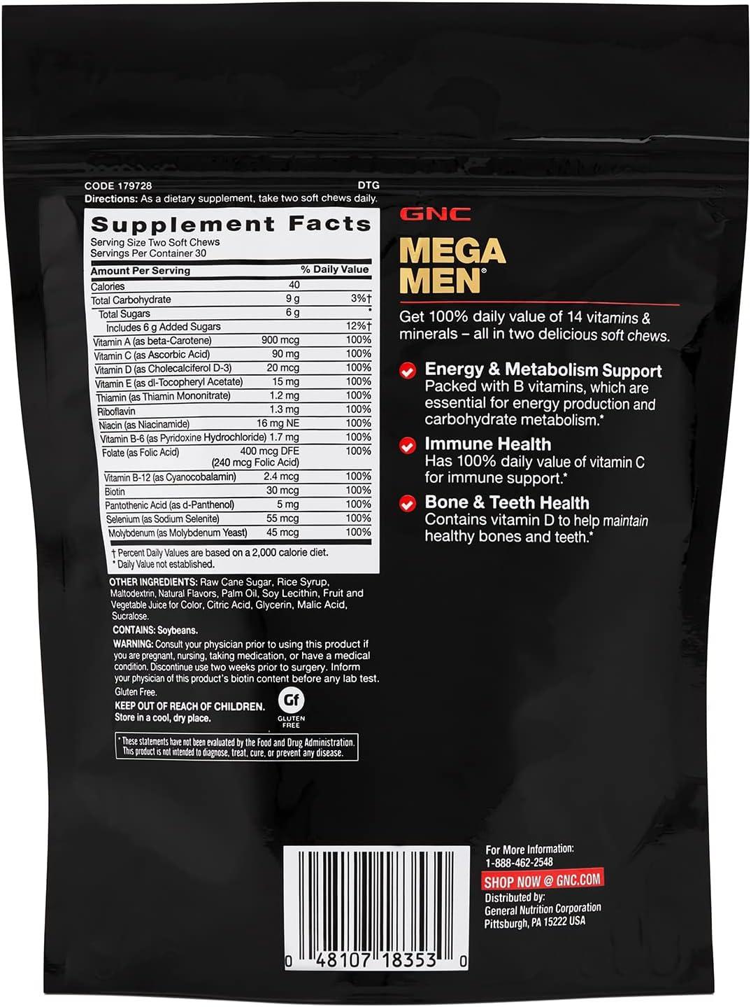 imageGNC Mega Men Soft Chew Multivitamin Energy amp Metabolism Support Gluten Free Mixed Fruit 60 Count