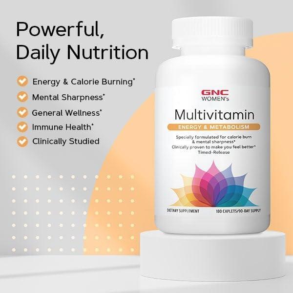 imageGNC Womens Energy and Metabolism Multivitamin Caplets Clinically Proven Calorie Burn Focus 100mg Caffeine Active Nutrition Immune Bone Beauty Iron Biotin Timed Release 180 ct 90 svgs