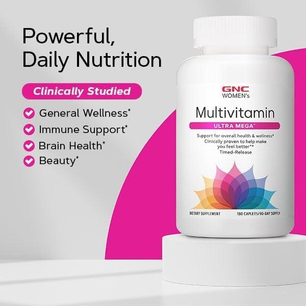 imageGNC Womens Ultra Mega Multivitamin Caplets Clinically Proven to Feel Better Immune Support Vitamin A B C D Iron Biotin Beauty Gluten Free Timed Release 90 ct 45 svgs90 Count Pack of 1