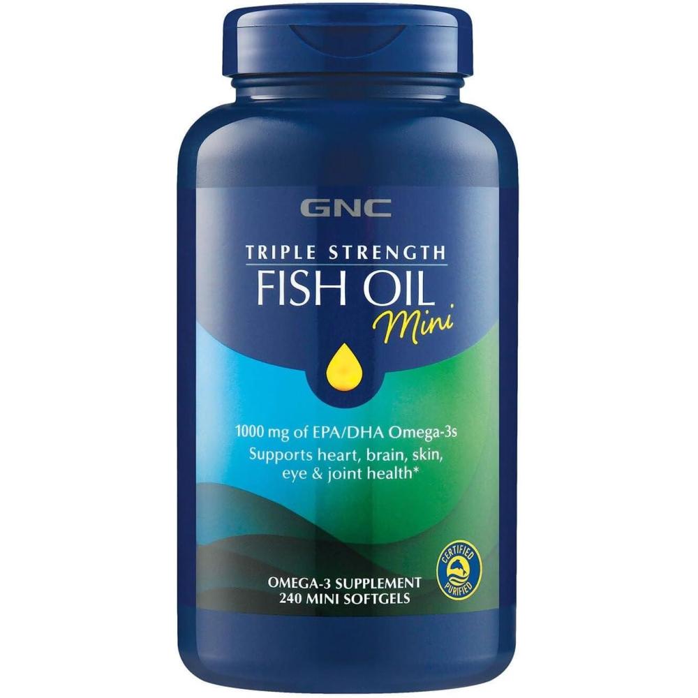imageGNC Triple Strength Fish Oil Mini Omega 3 Supplement 1000mg EPA and DHA Supports Heart Brain Skin Eye and Joint Health 240 Mini Softgels240 Count Pack of 1