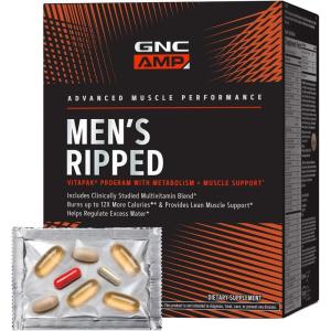 GNC AMP Men’s Ripped Vitapak Program, 4 in 1 Product Vitamin Pack, Metabolism & Lean Muscle Tone, Burn Calories, Water Shedding, Adult Multivitamin, Caffeine, CLA, Proven Ingredients, 30-Day Supply(Old Version)