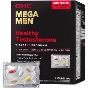 GNC Mega Men Healthy Testosterone Program, Complete Nutrition 4 Products in 1, Boost Free and Total Testosterone, Blood Flow, 30 Daily Packs