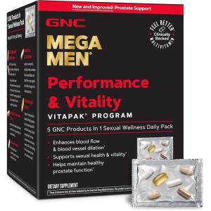 GNC Mega Men Performance and Vitality Vitapak Program, Convenient Complete Nutrition, 5 Products in 1 Packet, Circulation, Blood Flow, Prostate Health, Stronger Drive, 30 Packs(New & Improved Formula)