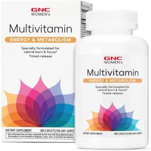 GNC Women’s Energy and Metabolism Multivitamin Caplets, Clinically Proven, Calorie Burn, Focus, 100mg Caffeine, Active Nutrition, Immune, Bone, Beauty, Iron, Biotin, Timed Release, 180 ct, 90 svgs