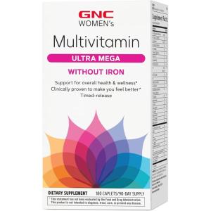 GNC Women’s Multivitamin Ultra Mega Without Iron, Daily Vitamin Supplement, Supports Immune, Brain, Hair, Skin & Nails, 180 Caplets