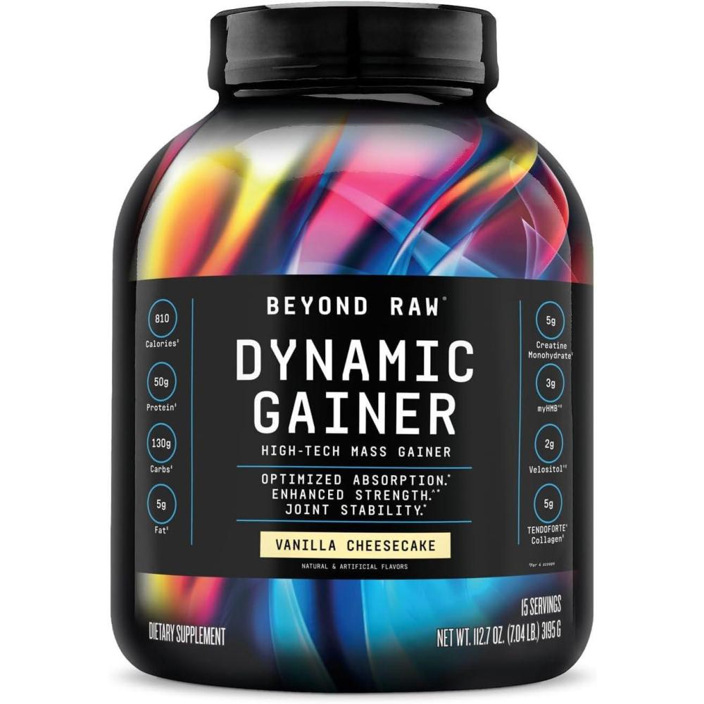 imageBEYOND RAW Dynamic Gainer HighTech Mass Gainer Optimized Absorption Enhanced Strength and Joint Stability Chocolate clair 15 ServingsVanilla Cheesecake