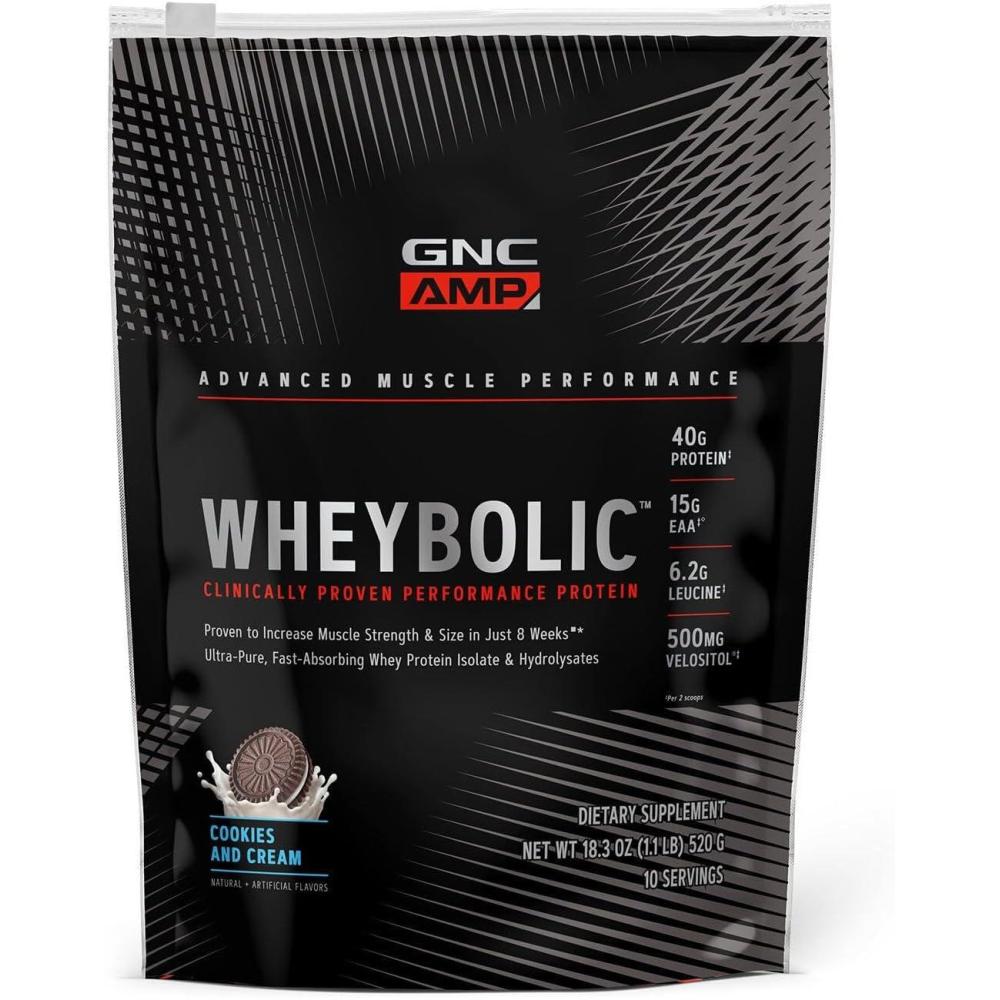 imageGNC AMP Wheybolic Clinically Proven Protein Powder 40g Whey Protein BCAA Leucine Increases Muscle Strength Muscle Building 3rd Party Tested Gluten Free Fruity Crisps 25 ServingsCookies and Cream