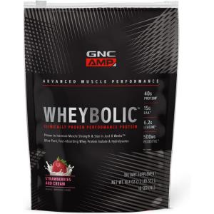 GNC AMP Wheybolic Clinically Proven Protein Powder, 40g Whey Protein, BCAA, Leucine, Increases Muscle Strength, Muscle Building, 3rd Party Tested, Gluten Free, Fruity Crisps, 25 Servings(Strawberries and Cream)