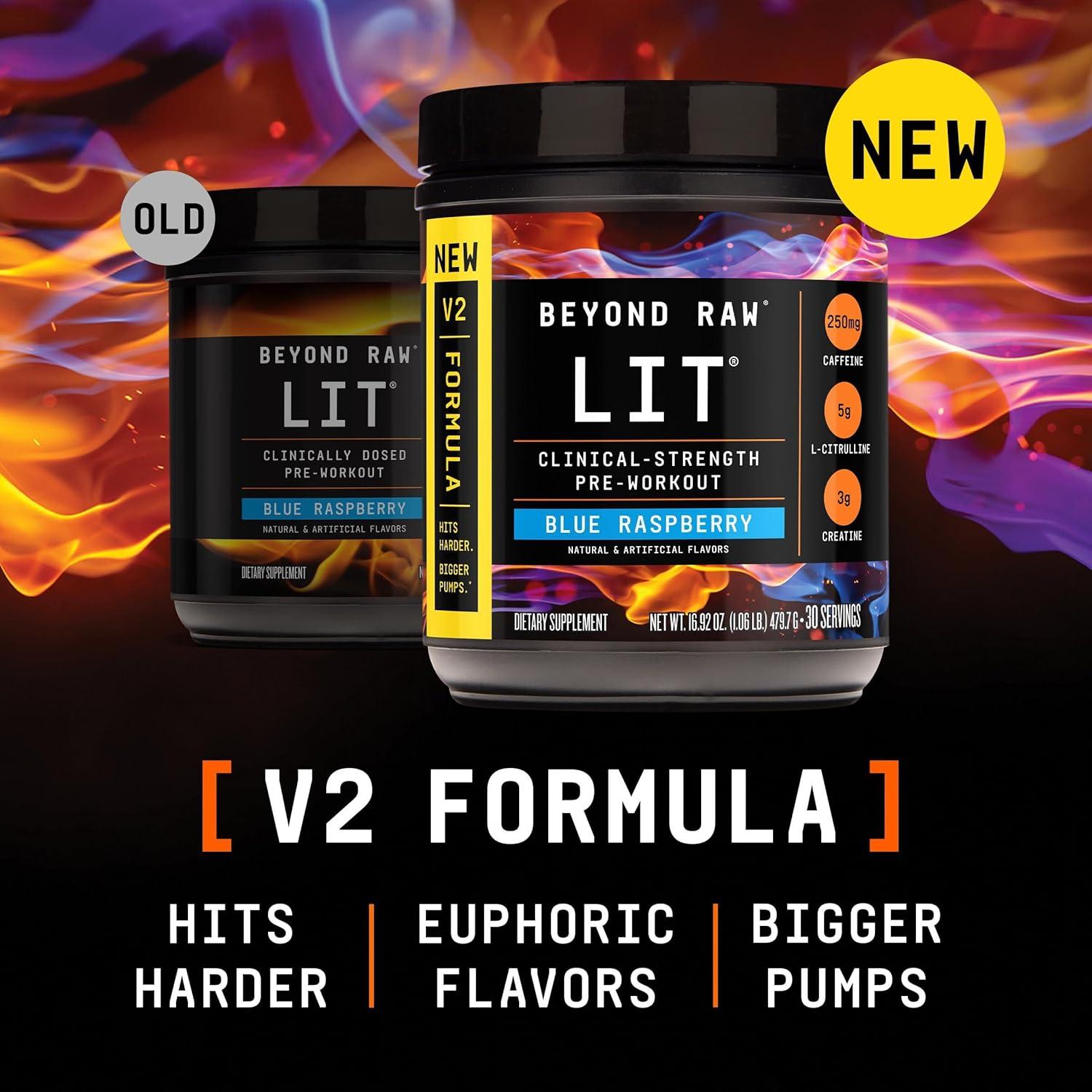 imageBEYOND RAW LIT V2 Clinical Strength Pre Workout Powder Hits Harder Bigger Pumps Caffeine LCitrulline Creatine Blue Raspberry 30 ServingsBlue Raspberry