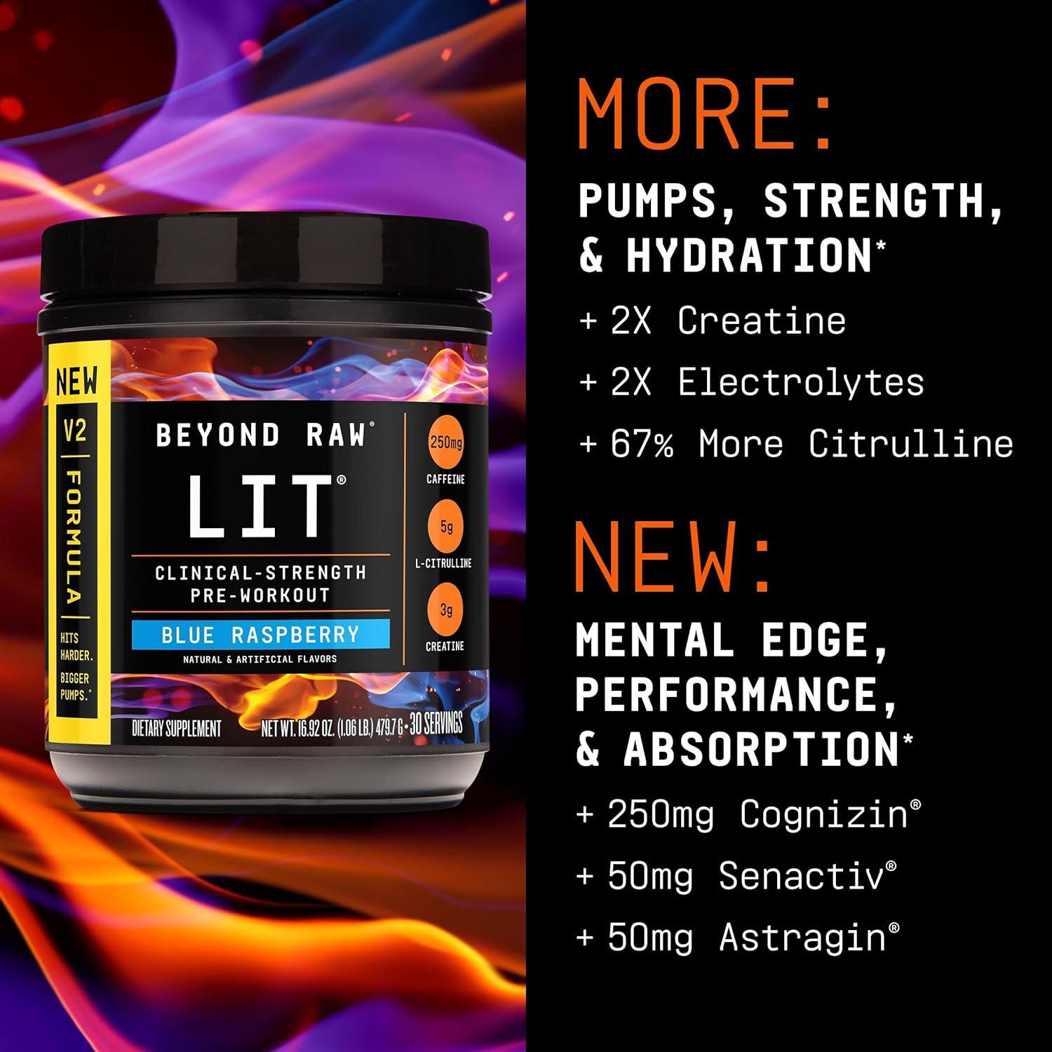 imageBEYOND RAW LIT V2 Clinical Strength Pre Workout Powder Hits Harder Bigger Pumps Caffeine LCitrulline Creatine Blue Raspberry 30 ServingsBlue Raspberry