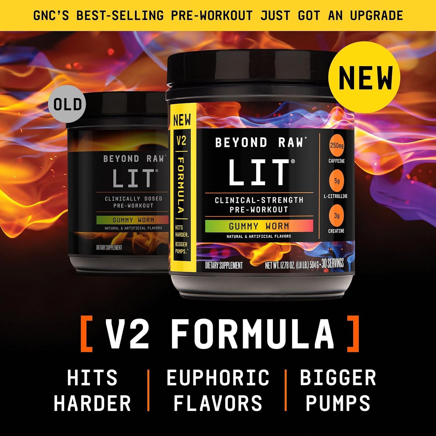 imageBEYOND RAW LIT V2 Clinical Strength Pre Workout Powder Hits Harder Bigger Pumps Caffeine LCitrulline Creatine Blue Raspberry 30 ServingsGummy Worm