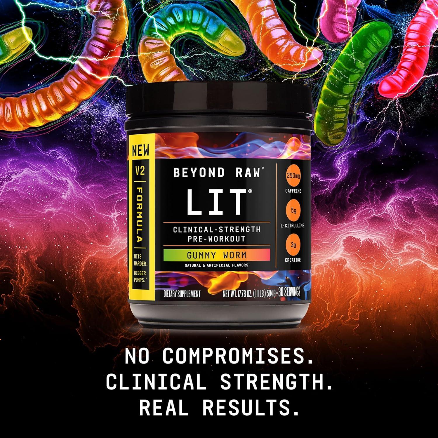imageBEYOND RAW LIT V2 Clinical Strength Pre Workout Powder Hits Harder Bigger Pumps Caffeine LCitrulline Creatine Blue Raspberry 30 ServingsGummy Worm