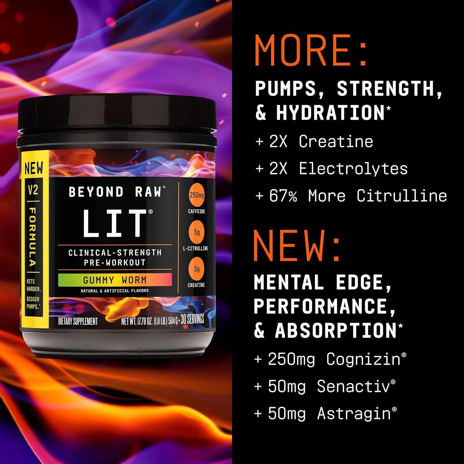 imageBEYOND RAW LIT V2 Clinical Strength Pre Workout Powder Hits Harder Bigger Pumps Caffeine LCitrulline Creatine Blue Raspberry 30 ServingsGummy Worm