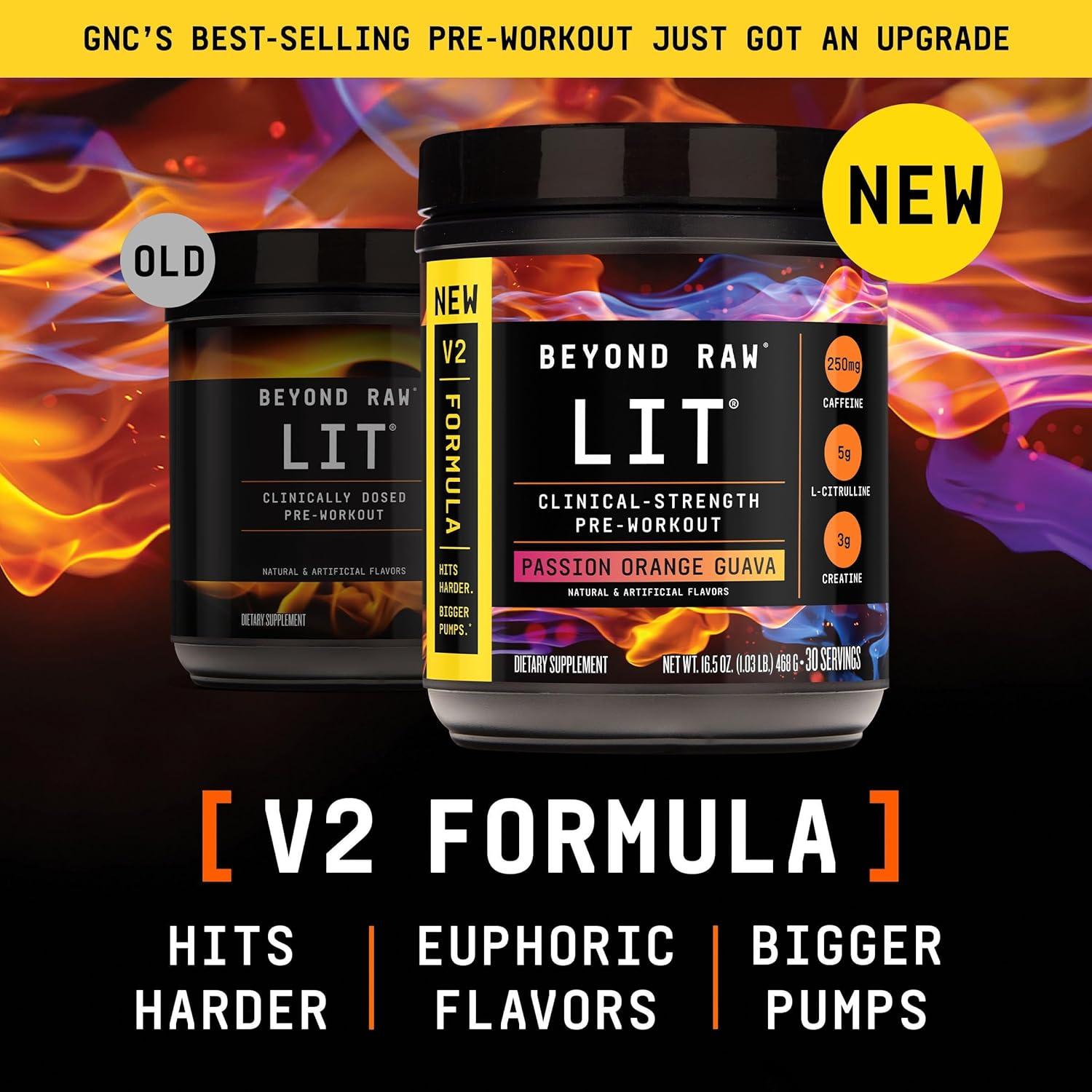 imageBEYOND RAW LIT V2 Clinical Strength Pre Workout Powder Hits Harder Bigger Pumps Caffeine LCitrulline Creatine Blue Raspberry 30 ServingsPassion Orange Guava