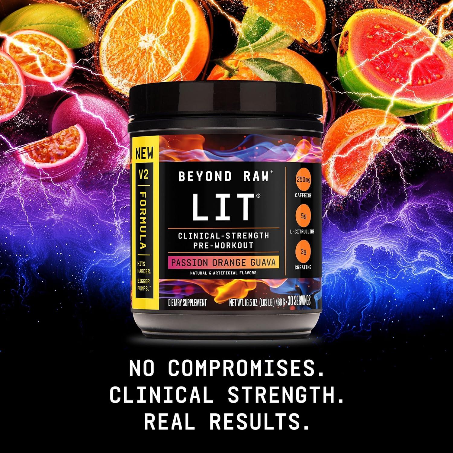 imageBEYOND RAW LIT V2 Clinical Strength Pre Workout Powder Hits Harder Bigger Pumps Caffeine LCitrulline Creatine Blue Raspberry 30 ServingsPassion Orange Guava