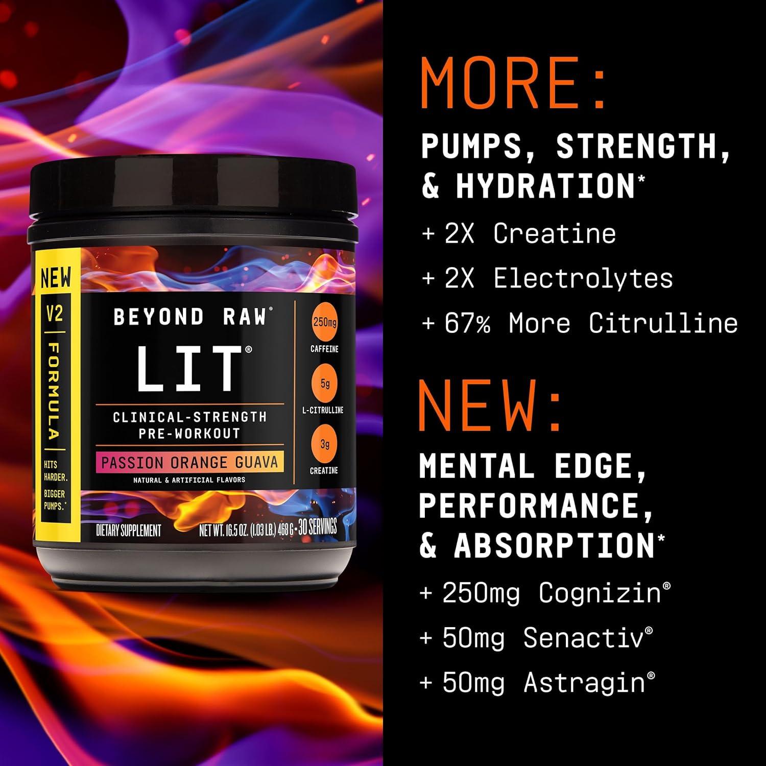 imageBEYOND RAW LIT V2 Clinical Strength Pre Workout Powder Hits Harder Bigger Pumps Caffeine LCitrulline Creatine Blue Raspberry 30 ServingsPassion Orange Guava