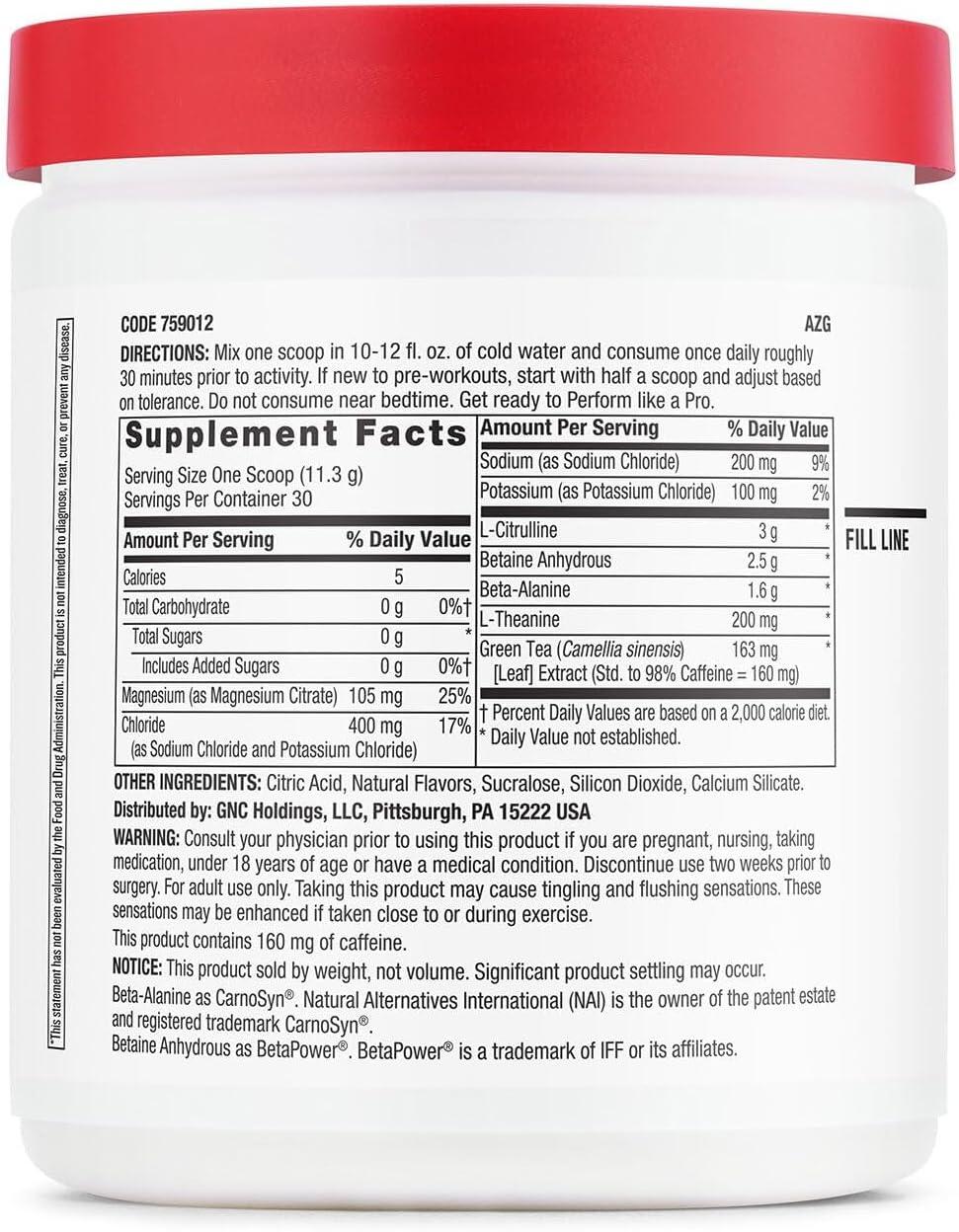 imageGNC Pro Performance Pre Workout Powder for Men and Women Energy Hydration and Focus Sugar Free Gluten Free Performance Supplement Blue Raspberry 30 Servings