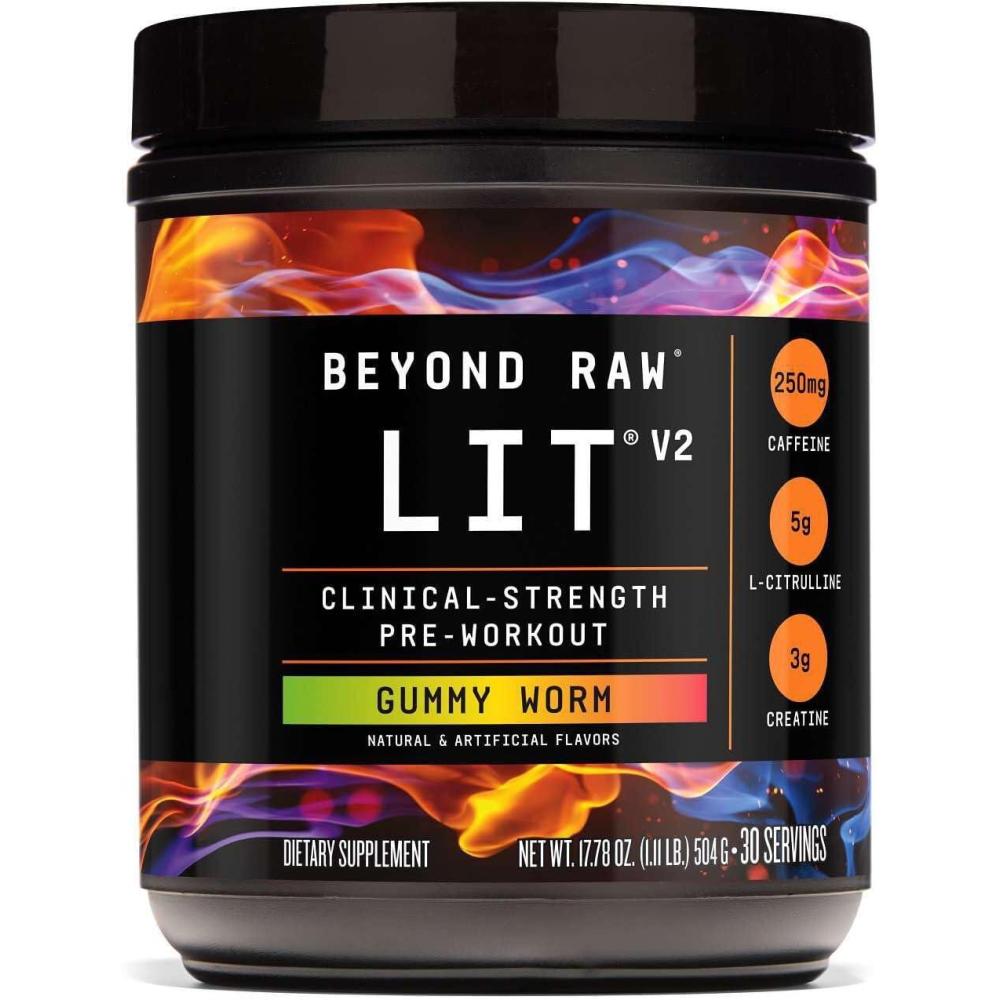imageBEYOND RAW LIT V2 Clinical Strength Pre Workout Powder Hits Harder Bigger Pumps Caffeine LCitrulline Creatine Blue Raspberry 30 ServingsGummy Worm
