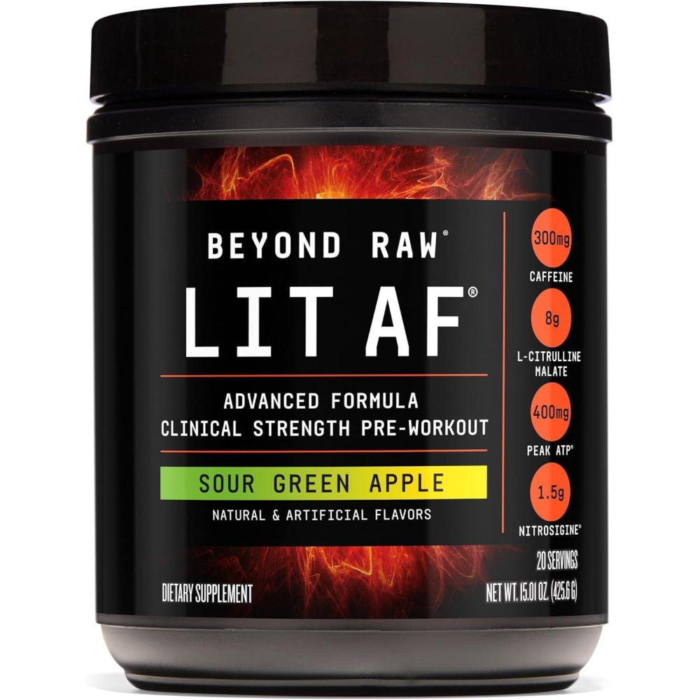 imageBeyond Raw LIT Advanced Pre Workout Formula Sour Green Apple for Energy Focus Endurance Targeted Release Caffeine Creatine Betaine Beta Alanine Taurine 20 Servings