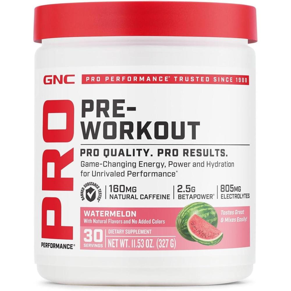 imageGNC Pro Performance Pre Workout Powder for Men and Women Energy Hydration and Focus Sugar Free Gluten Free Performance Supplement Watermelon 30 Servings