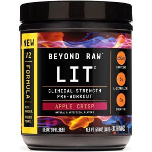 BEYOND RAW LIT V2 Clinical Strength Pre Workout Powder, Hits Harder, Bigger Pumps, Caffeine, L-Citrulline, Creatine, Blue Raspberry, 30 Servings(Apple Crisp)