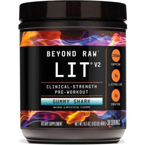 BEYOND RAW LIT V2 Clinical Strength Pre Workout Powder, Hits Harder, Bigger Pumps, Caffeine, L-Citrulline, Creatine, Blue Raspberry, 30 Servings(Gummy Shark)