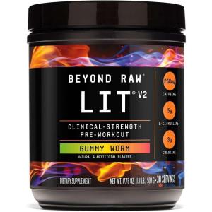BEYOND RAW LIT V2 Clinical Strength Pre Workout Powder, Hits Harder, Bigger Pumps, Caffeine, L-Citrulline, Creatine, Blue Raspberry, 30 Servings(Gummy Worm)