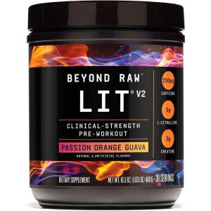 BEYOND RAW LIT V2 Clinical Strength Pre Workout Powder, Hits Harder, Bigger Pumps, Caffeine, L-Citrulline, Creatine, Blue Raspberry, 30 Servings(Passion Orange Guava)