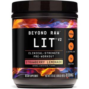 BEYOND RAW LIT V2 Clinical Strength Pre Workout Powder, Hits Harder, Bigger Pumps, Caffeine, L-Citrulline, Creatine, Blue Raspberry, 30 Servings(Strawberry Lemonade)