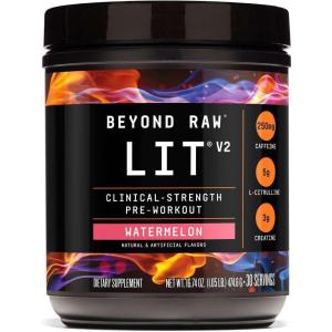 BEYOND RAW LIT V2 Clinical Strength Pre Workout Powder, Hits Harder, Bigger Pumps, Caffeine, L-Citrulline, Creatine, Blue Raspberry, 30 Servings(Watermelon)