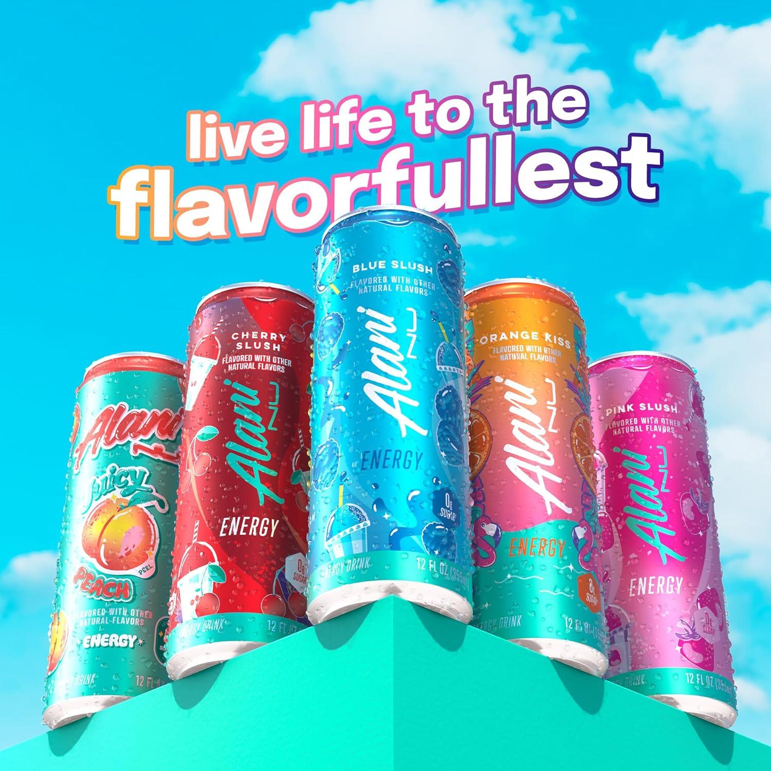imageAlani Nu JUICY PEACH Sugar Free Low Calorie Energy Drinks 200mg Caffeine Biotin B Vitamins Zero Sugar 10 Calories 12 Fl Oz Cans 12 PackBlue Slush