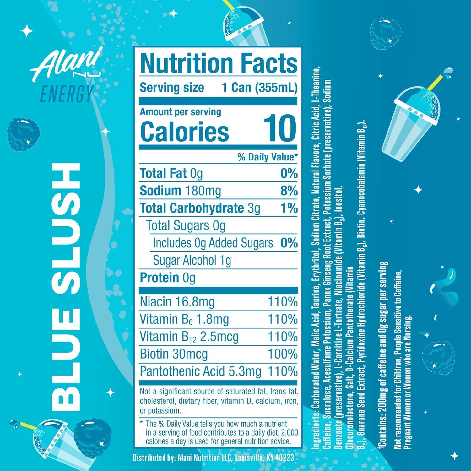 imageAlani Nu JUICY PEACH Sugar Free Low Calorie Energy Drinks 200mg Caffeine Biotin B Vitamins Zero Sugar 10 Calories 12 Fl Oz Cans 12 PackBlue Slush