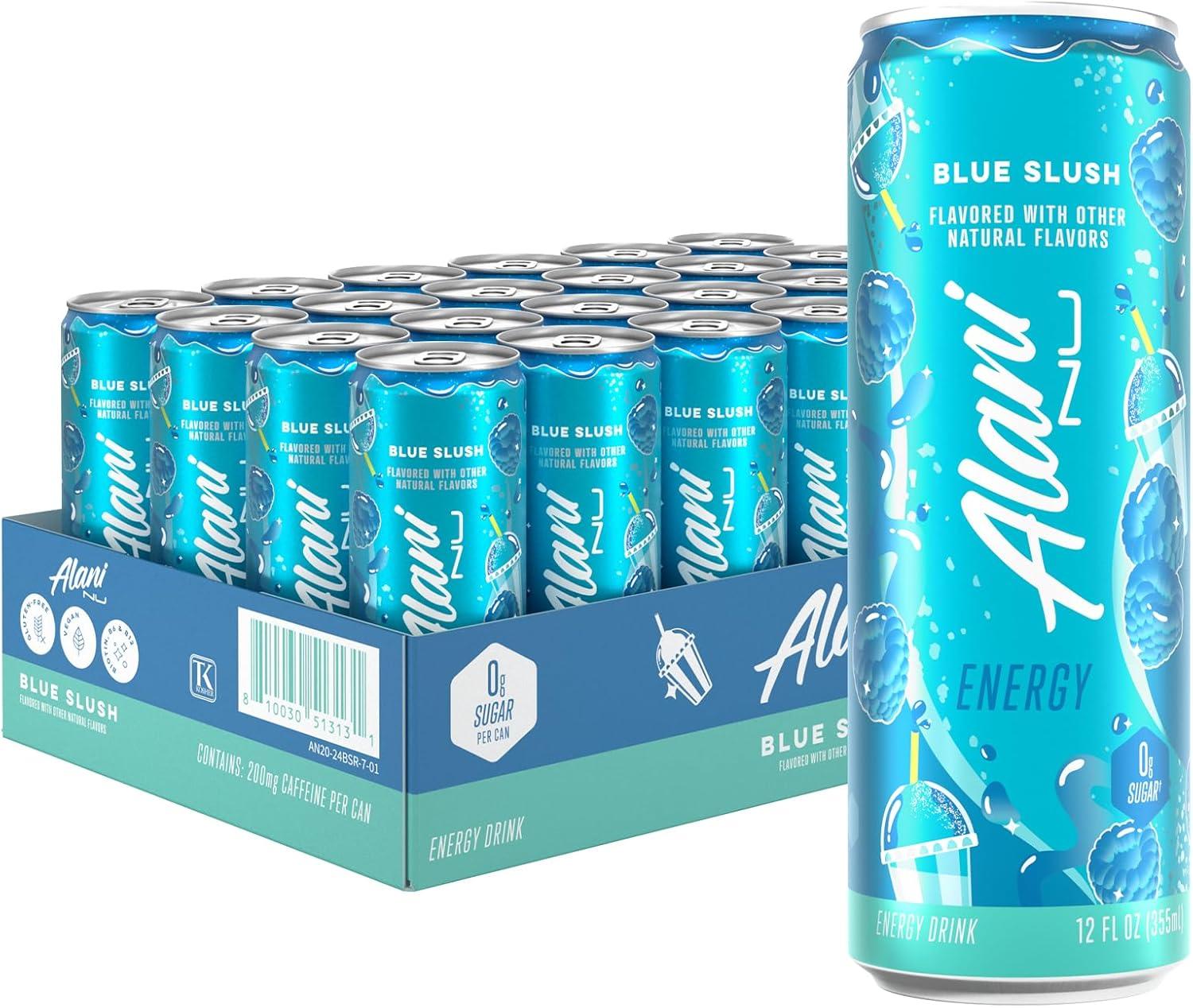 imageAlani Nu JUICY PEACH Sugar Free Low Calorie Energy Drinks 200mg Caffeine Biotin B Vitamins Zero Sugar 10 Calories 12 Fl Oz Cans 12 PackBlue Slush