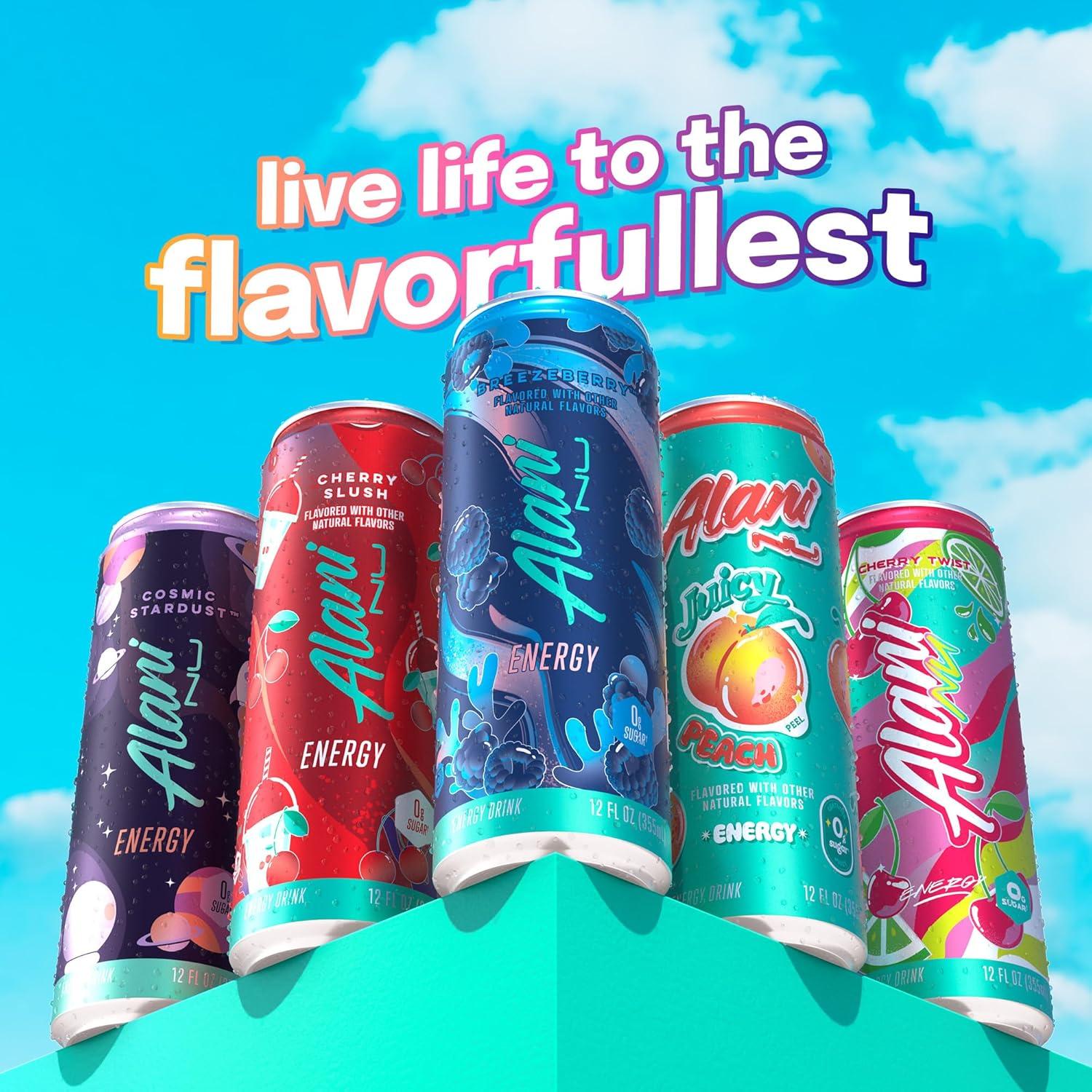 imageAlani Nu JUICY PEACH Sugar Free Low Calorie Energy Drinks 200mg Caffeine Biotin B Vitamins Zero Sugar 10 Calories 12 Fl Oz Cans 12 PackBreezeberry