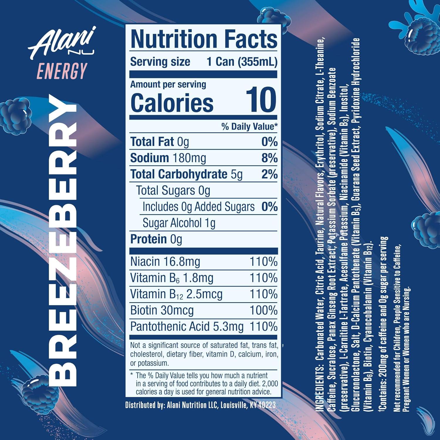 imageAlani Nu JUICY PEACH Sugar Free Low Calorie Energy Drinks 200mg Caffeine Biotin B Vitamins Zero Sugar 10 Calories 12 Fl Oz Cans 12 PackBreezeberry