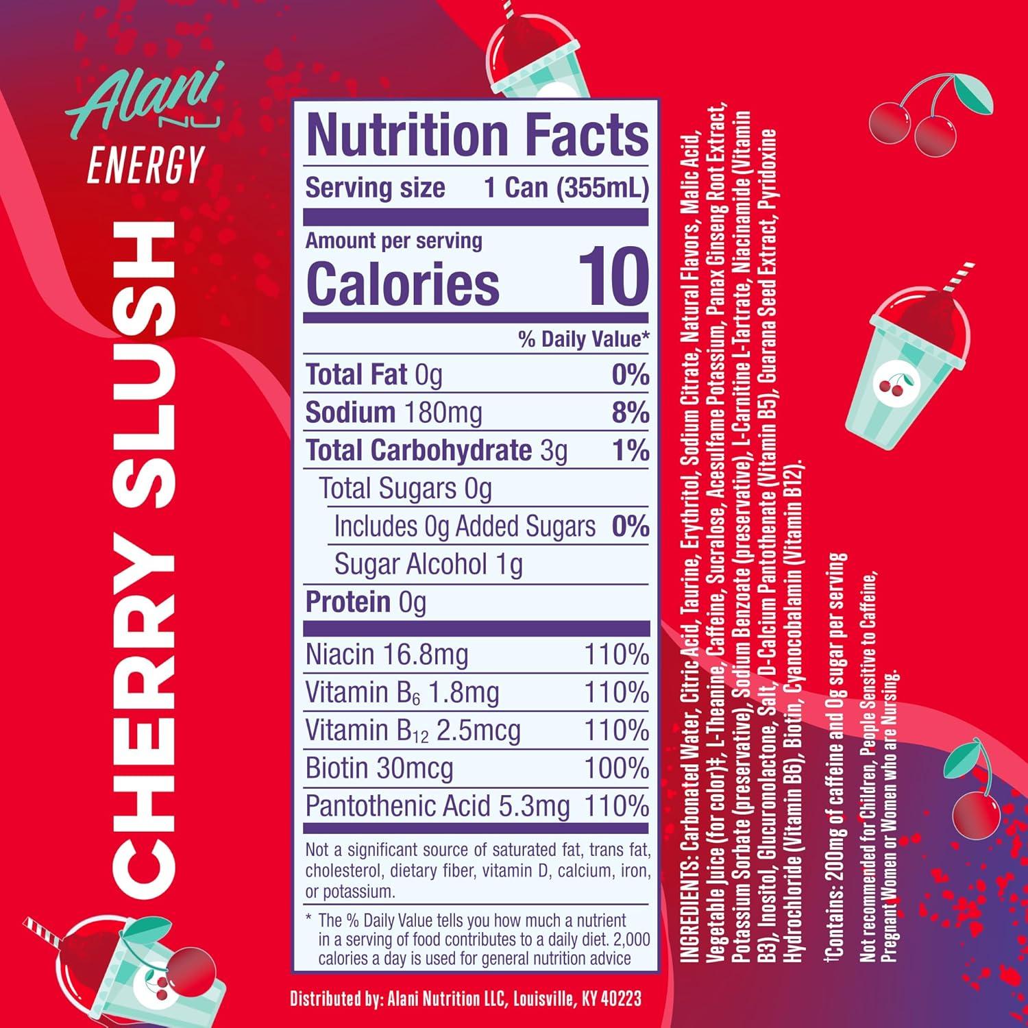 imageAlani Nu JUICY PEACH Sugar Free Low Calorie Energy Drinks 200mg Caffeine Biotin B Vitamins Zero Sugar 10 Calories 12 Fl Oz Cans 12 PackCherry Slush