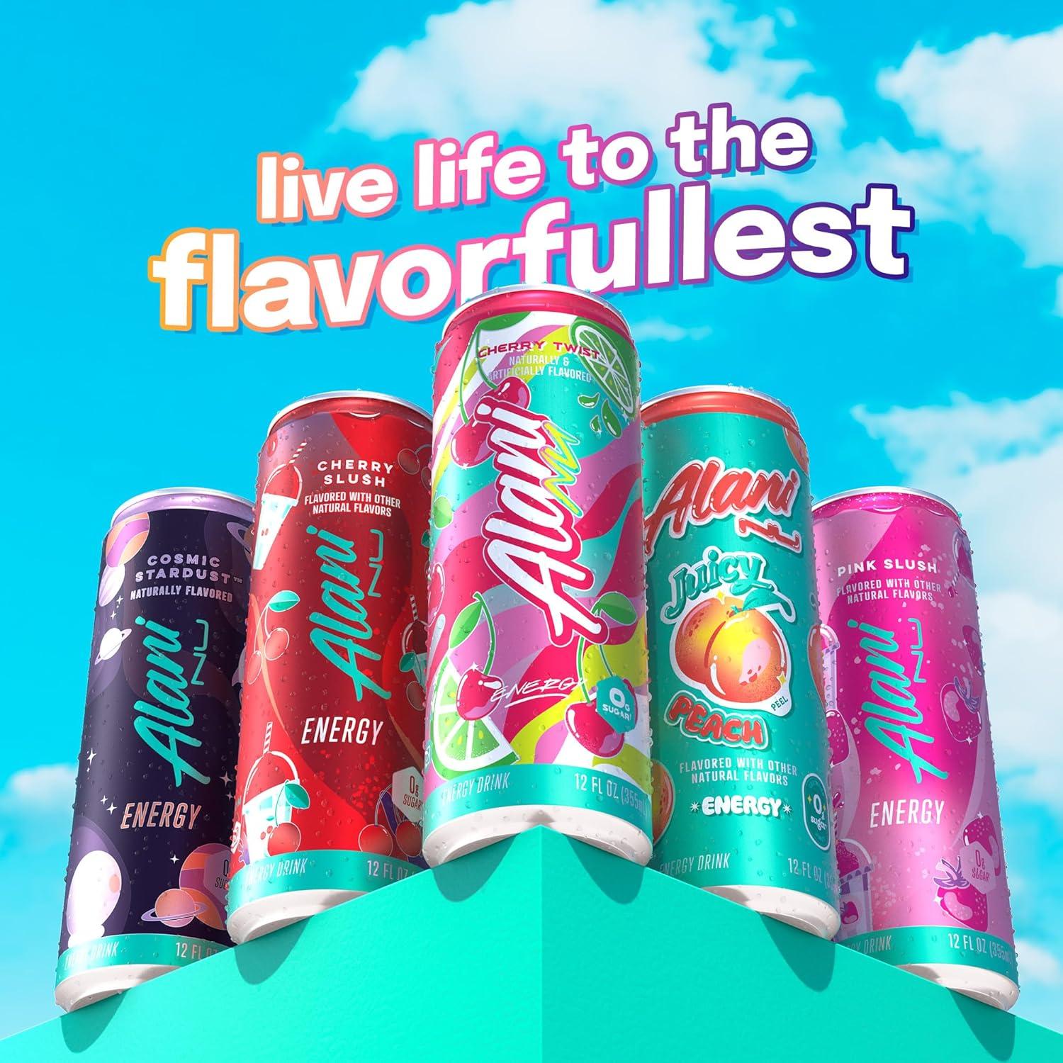 imageAlani Nu JUICY PEACH Sugar Free Low Calorie Energy Drinks 200mg Caffeine Biotin B Vitamins Zero Sugar 10 Calories 12 Fl Oz Cans 12 PackCherry Twist