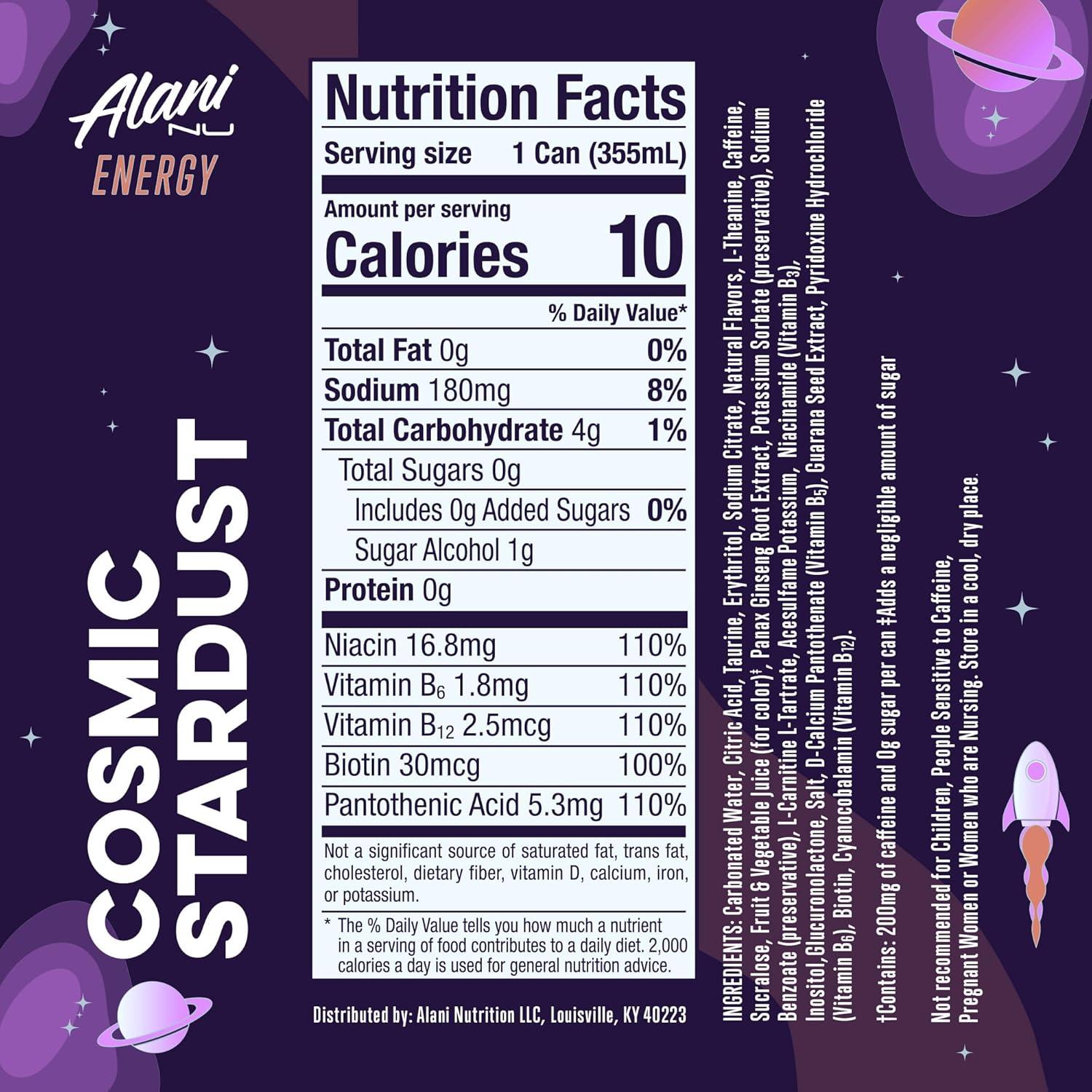 imageAlani Nu JUICY PEACH Sugar Free Low Calorie Energy Drinks 200mg Caffeine Biotin B Vitamins Zero Sugar 10 Calories 12 Fl Oz Cans 12 PackCosmic Stardust