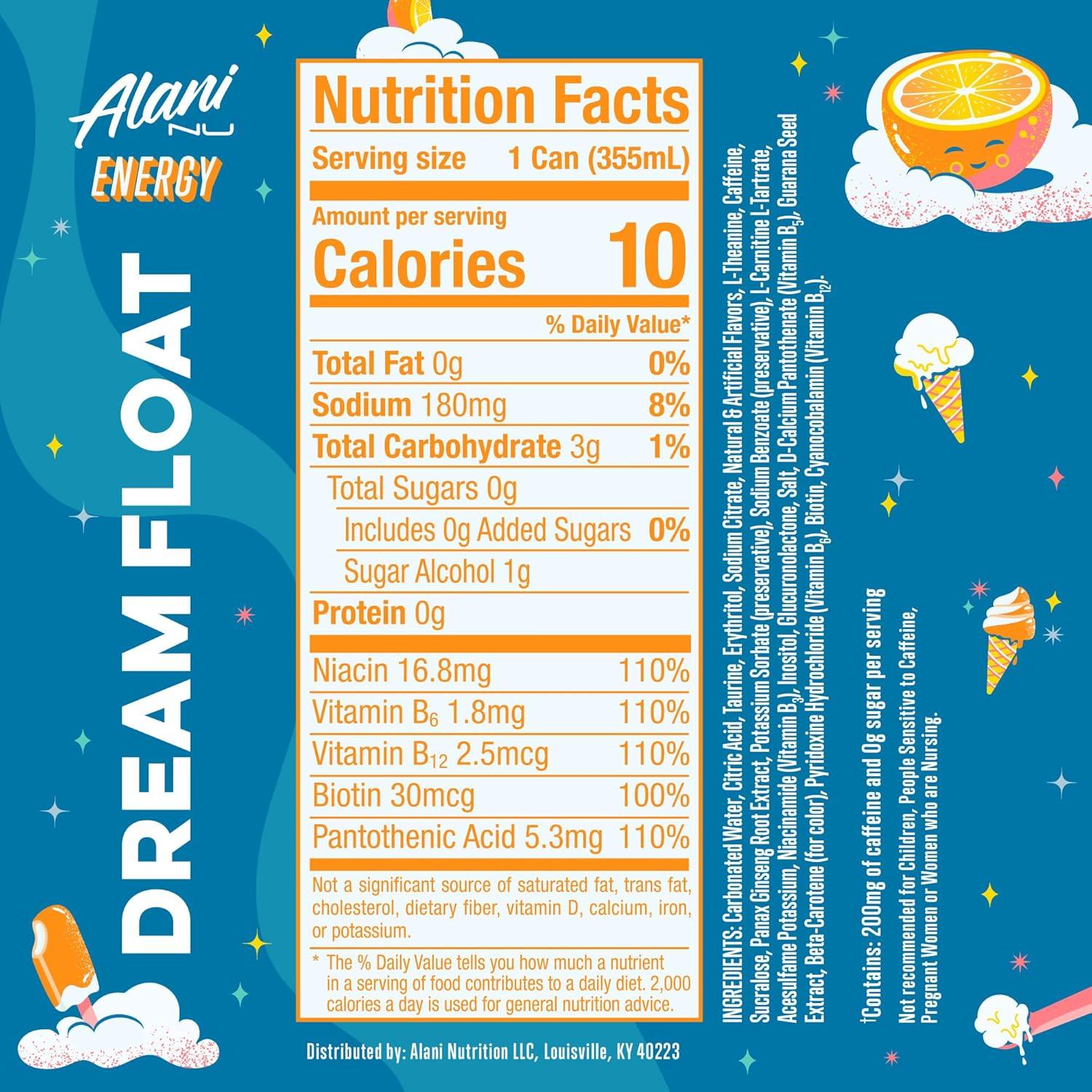 imageAlani Nu JUICY PEACH Sugar Free Low Calorie Energy Drinks 200mg Caffeine Biotin B Vitamins Zero Sugar 10 Calories 12 Fl Oz Cans 12 PackDream Float