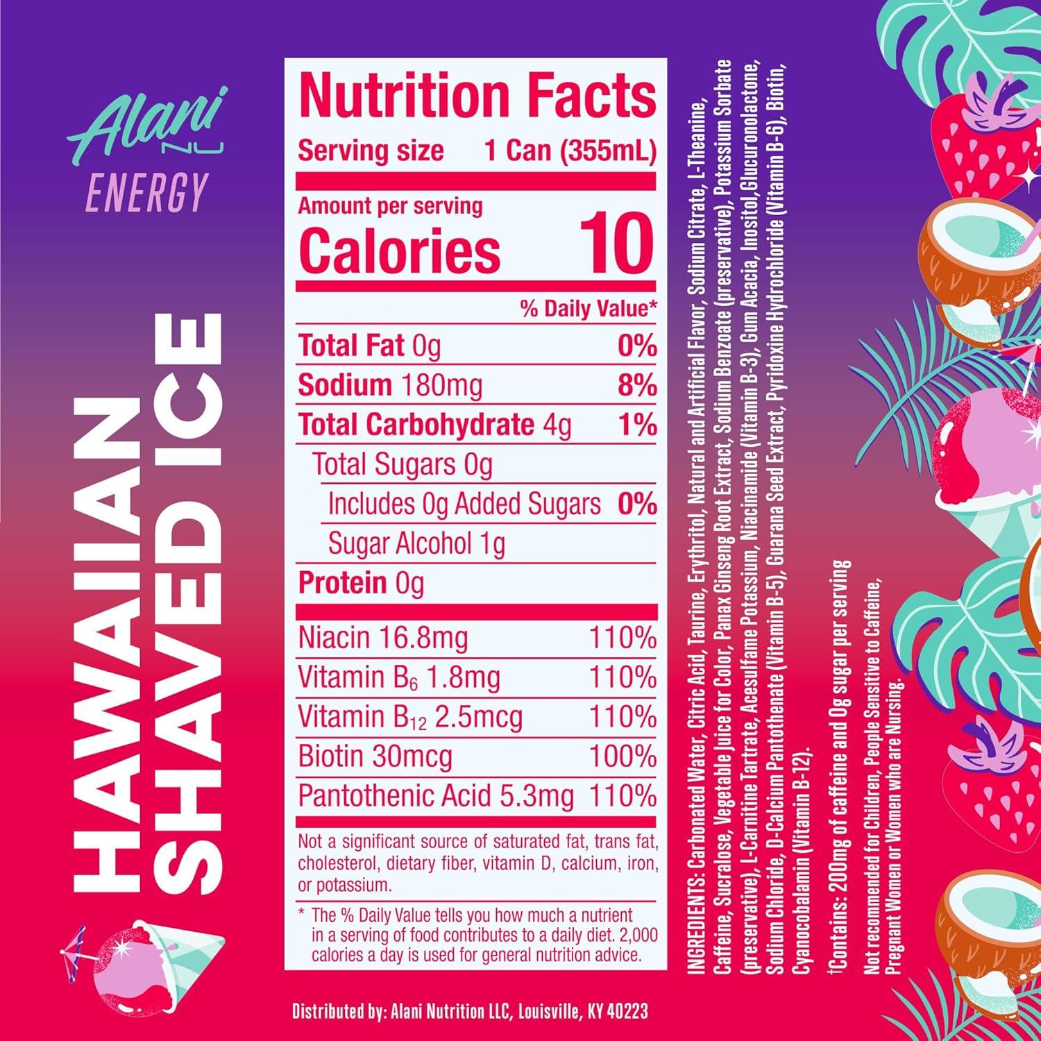 imageAlani Nu JUICY PEACH Sugar Free Low Calorie Energy Drinks 200mg Caffeine Biotin B Vitamins Zero Sugar 10 Calories 12 Fl Oz Cans 12 PackHawaiian Shaved Ice