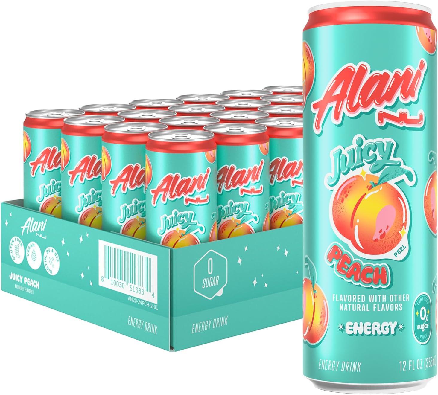 imageAlani Nu JUICY PEACH Sugar Free Low Calorie Energy Drinks 200mg Caffeine Biotin B Vitamins Zero Sugar 10 Calories 12 Fl Oz Cans 12 PackJuicy Peach