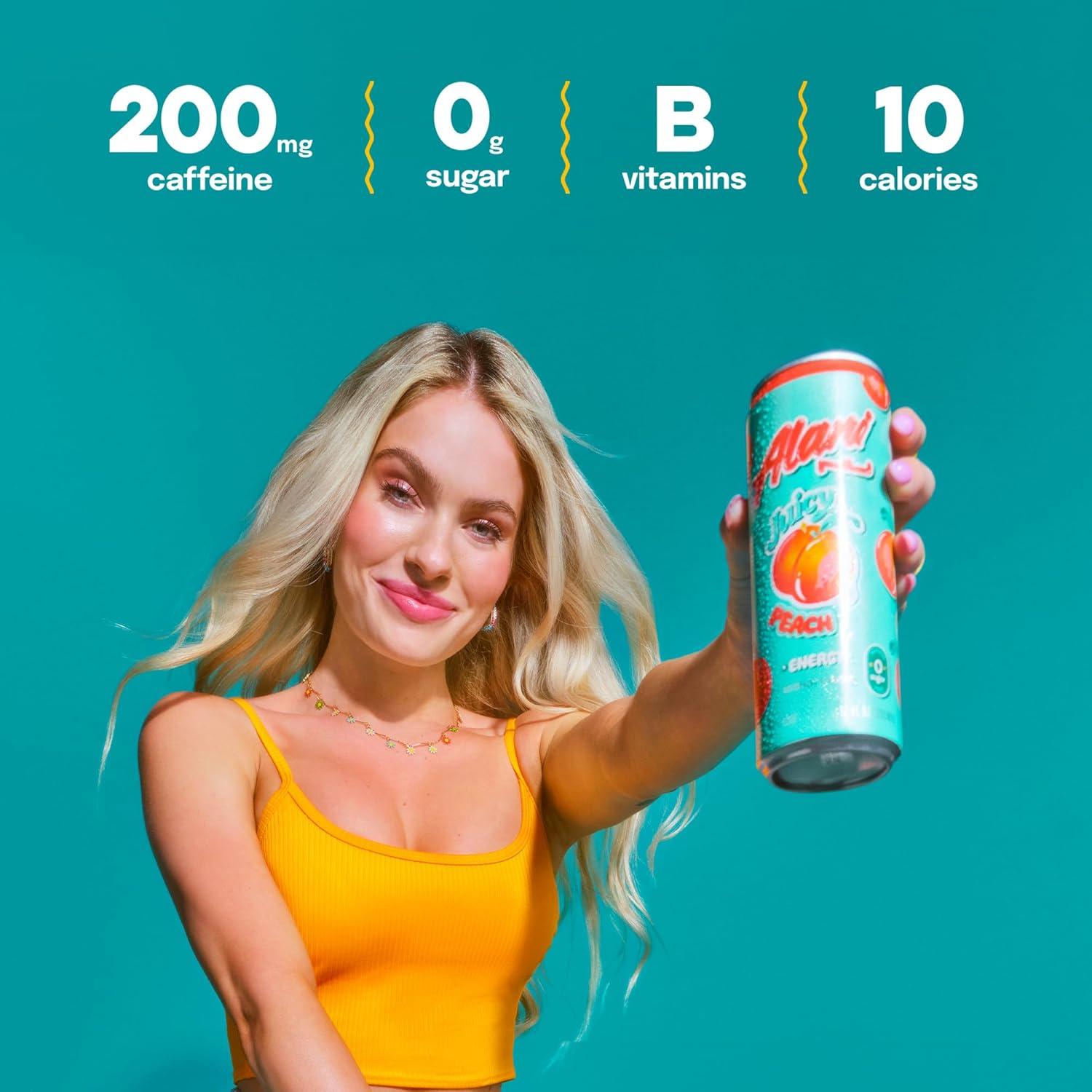 imageAlani Nu JUICY PEACH Sugar Free Low Calorie Energy Drinks 200mg Caffeine Biotin B Vitamins Zero Sugar 10 Calories 12 Fl Oz Cans 12 PackJuicy Peach