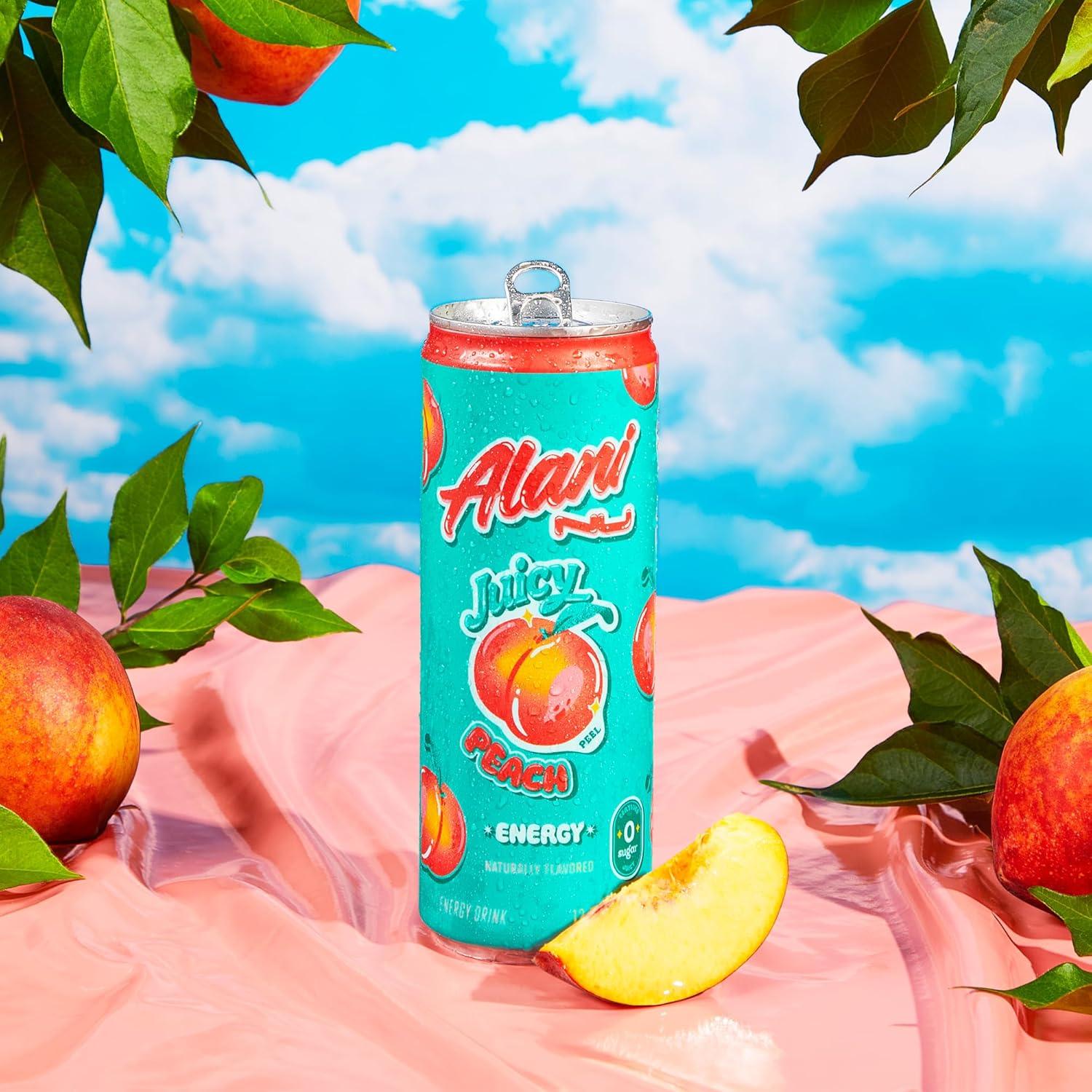imageAlani Nu JUICY PEACH Sugar Free Low Calorie Energy Drinks 200mg Caffeine Biotin B Vitamins Zero Sugar 10 Calories 12 Fl Oz Cans 12 PackJuicy Peach