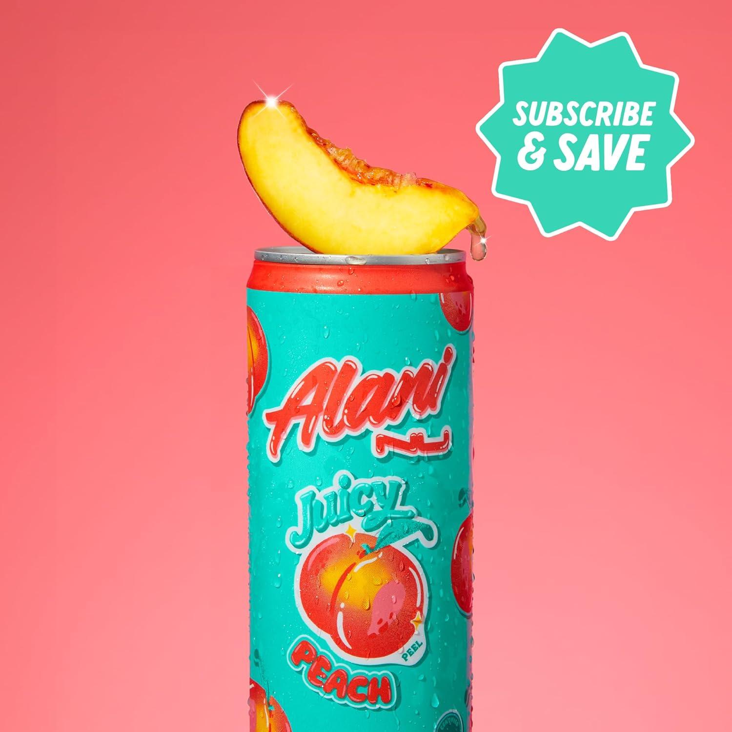 imageAlani Nu JUICY PEACH Sugar Free Low Calorie Energy Drinks 200mg Caffeine Biotin B Vitamins Zero Sugar 10 Calories 12 Fl Oz Cans 12 PackJuicy Peach