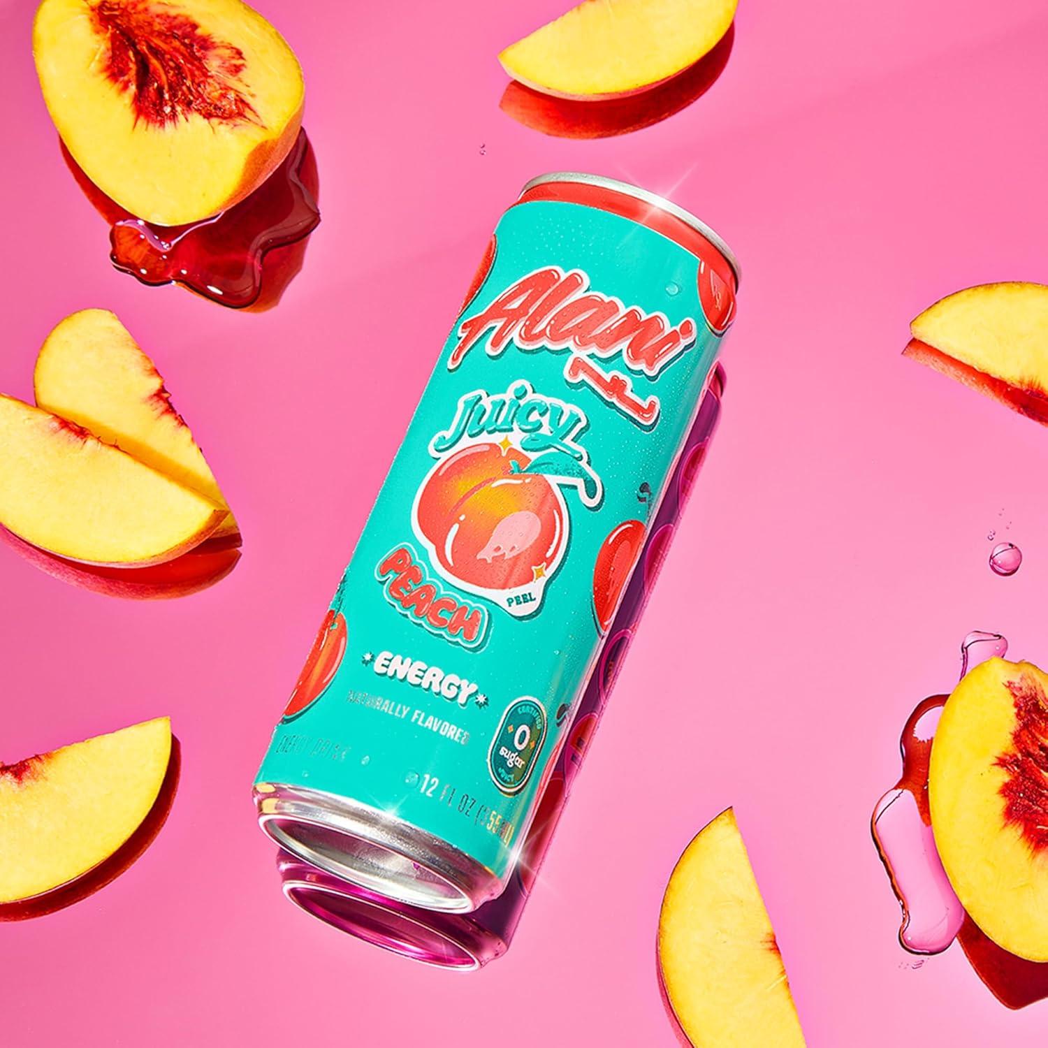 imageAlani Nu JUICY PEACH Sugar Free Low Calorie Energy Drinks 200mg Caffeine Biotin B Vitamins Zero Sugar 10 Calories 12 Fl Oz Cans 12 PackJuicy Peach