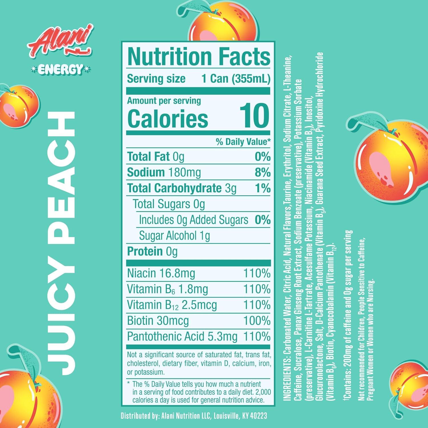 imageAlani Nu JUICY PEACH Sugar Free Low Calorie Energy Drinks 200mg Caffeine Biotin B Vitamins Zero Sugar 10 Calories 12 Fl Oz Cans 12 PackJuicy Peach